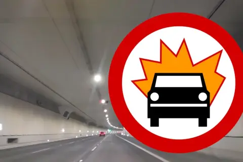 Znak zakazu z symbolem wybuchu samochodu. W tunelu drogowym, gdzie objaw Hoovera może być groźny, należy zachować szczególną ostrożność.