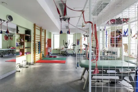 Sala do rehabilitacji ambulatoryjnej: drabinki, rowery stacjonarne, materace, sprzęt do ćwiczeń zawieszenia.