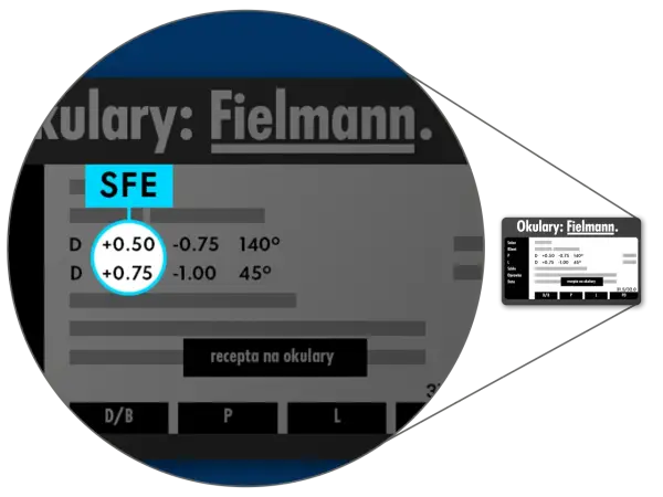 Fragment recepty na okulary Fielmann z wartościami sferycznymi, cylindrycznymi i osiowymi. Widoczna skala Ashworth.